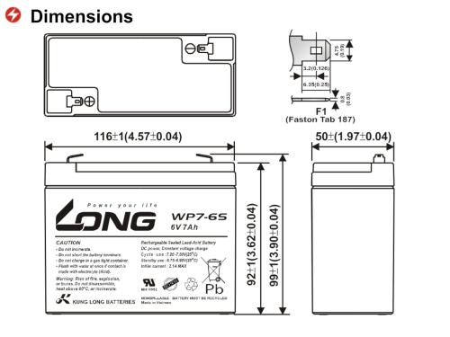Akku Accu Batterie Kung Long WP7-6S 6V 7Ah AGM Blei Vlies wartungsfrei 6Volt