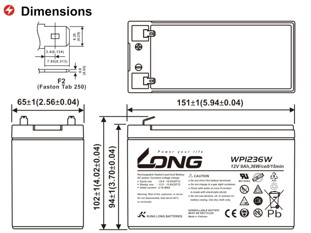 Akku Batterie Kung Long WP1236W 12V 9Ah 36W Cell 15min High Rate AGM Blei Accu