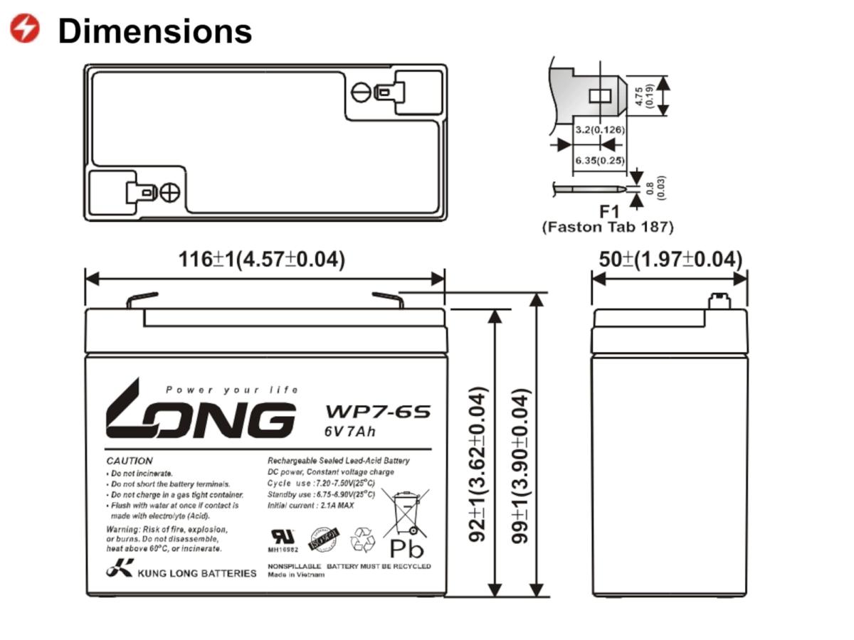 Akku Accu Batterie Kung Long WP7-6S 6V 7Ah AGM Blei Vlies wartungsfrei 6Volt
